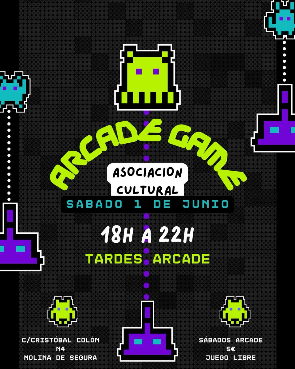 ArcadeGameMur's tweet photo. s de junio sábados tarde Arcades.
Recuerda que somos el único salón Arcade con máquinas originales de los 80s en la Región de Murcia.
Arcade Game
C/Cristóbal Colón n4
Molina de Segura
Murcia

Aperturas junio
Sábado 1,8,22,29 18h a 22h
Sábado 15 (cerrado) https://t.co/mmfDKc2J68