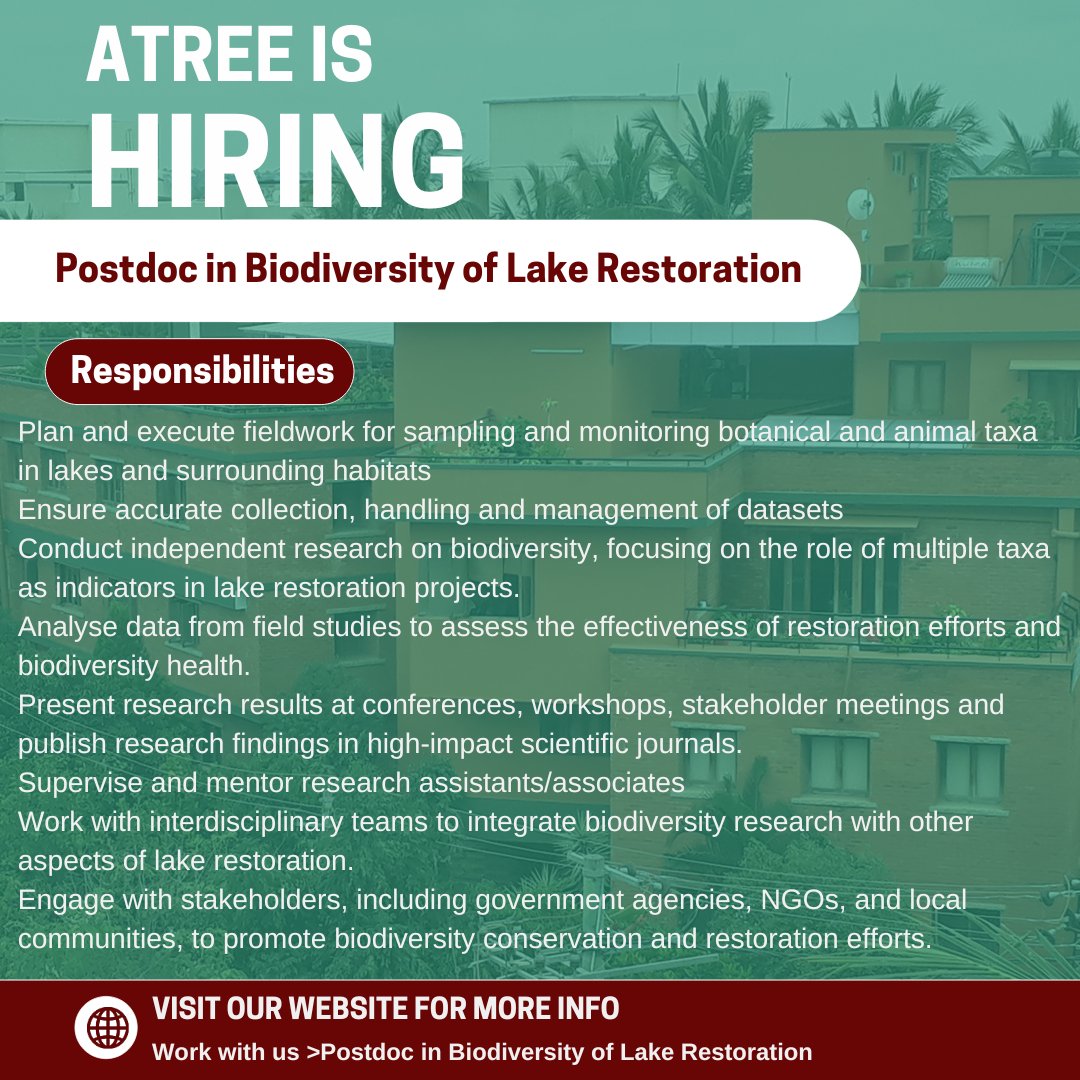 We're #hiring! ATREE seeks highly motivated applicants for a 3-year full time postdoctoral position to work in a multidisciplinary project that focuses on the restoration of a peri-urban lake in Bengaluru. atree.org/career/postdoc…