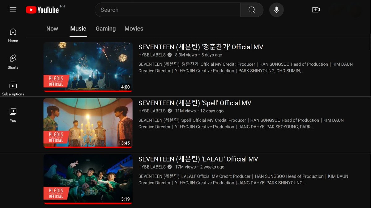 LOOK: SEVENTEEN’s unit MVs from their best album 17 Is Right Here are still claiming spots on the YouTube Trending for Music chart in the Philippines. 🇵🇭🍾 #6 Cheers to Youth #9 Spell #17 Lalali #MAESTRO #세븐틴 @pledis_17 @YouTube