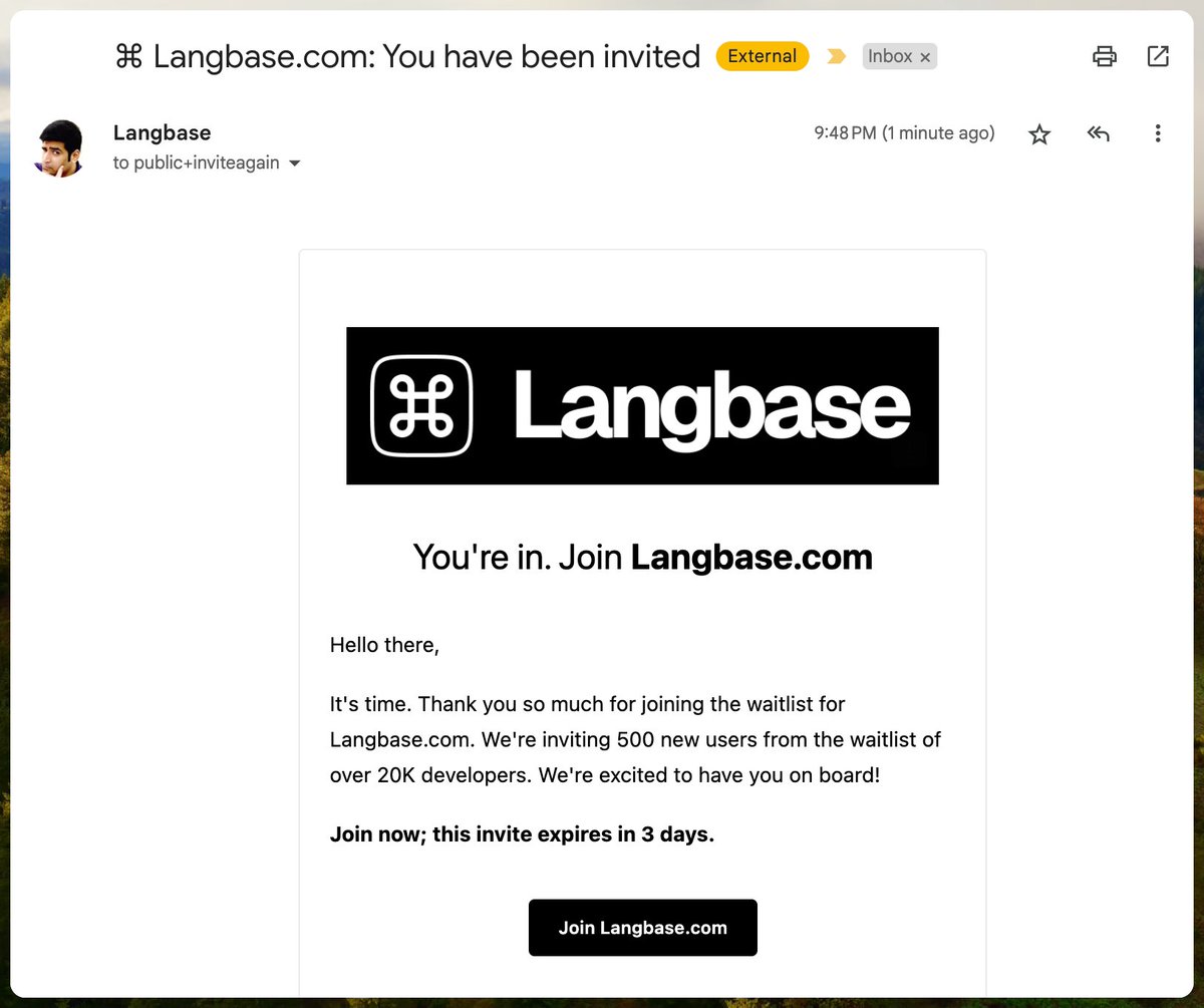500 free users invited to ⌘ @LangbaseInc ! Let's go! 👊