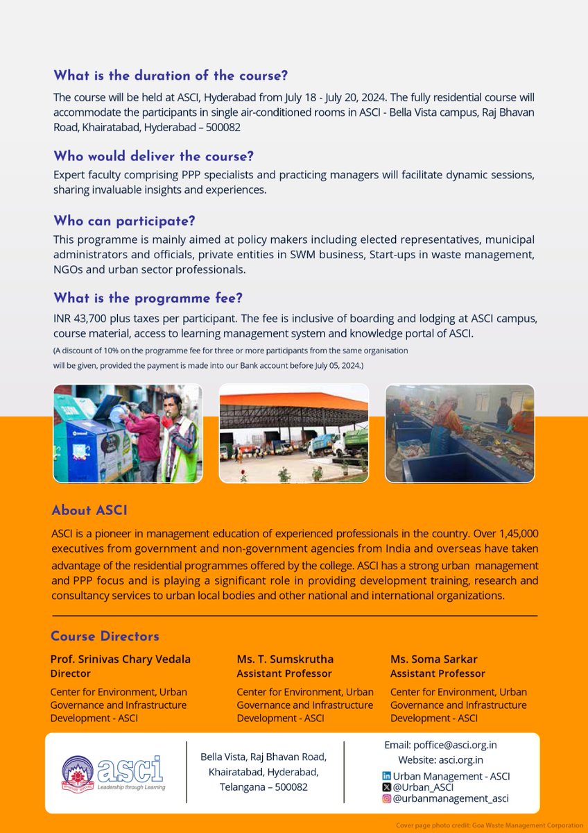 soma sarkar (@tso_mah) on Twitter photo Thrilled to announce our new Certification Programme on Public-Private Partnerships (PPP) for Municipal Solid Waste Management. Join us and lead the way in transforming our cities! Register today!
<a href="/Urban_ASCI/">Urban Management - ASCI</a> <a href="/ASCIMEDIA/">Admn Staff College of India (ASCI)</a> Thrilled to announce our new Certification Programme on Public-Private Partnerships (PPP) for Municipal Solid Waste Management. Join us and lead the way in transforming our cities! Register today!
<a href="/Urban_ASCI/">Urban Management - ASCI</a> <a href="/ASCIMEDIA/">Admn Staff College of India (ASCI)</a>