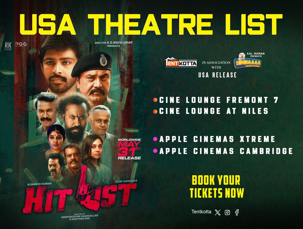 Tentkotta's tweet photo. Ready for the face off ? #hitlist hitting ๐บ๐ธthe USA theatres on may 31st ๐ฅ
โญ๏ธHere the USA Theatre Listโญ๏ธ
USA Released by @Tentkotta
Association with #SimbaaaaProductions
@realsarathkumar @kanvikraman #RKCelluloids
@ksravikumardir @menongautham @thondankani
@kaakkallar @CSathyaOfficial
@smruthi_venkat