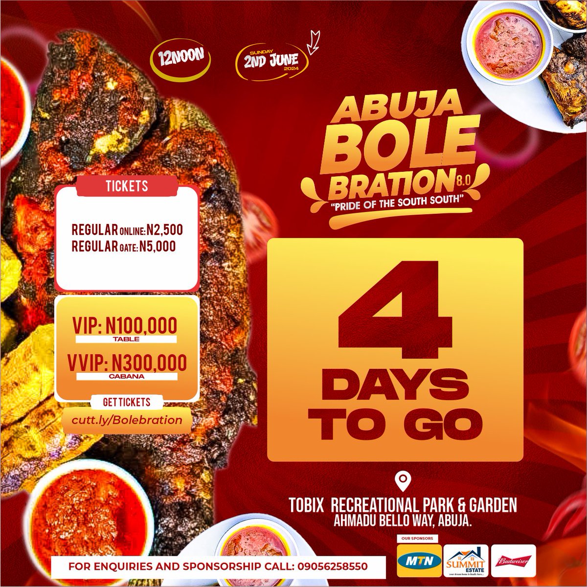 It's 5 days to Bolebration 8.0…

Anticipations are high!

Get tickets now to be part of the fun: cutt.ly/Bolebration

#BoleBration #AbujaTwitterCommunity