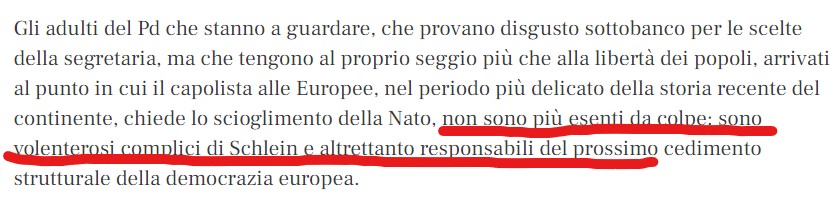 come giustamente osserva  Christian Rocca la colpa non è dei vari Tarquinio o Strada  o della Schlein e del suo gruppo di dirigenti fuoricorso ma di chi nel PD nonostante si dichiari riformista  accetta tutto questo senza fiatare