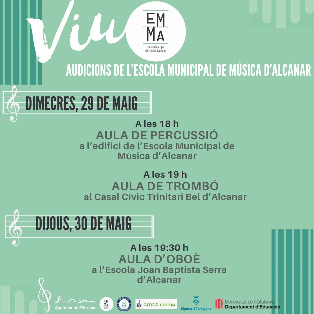 🎼AUDICIONS DE L'EMMA 🎶
Seguim amb les audicions de la nostra escola. Avui és el torn de les aules de percussió i trombó, i demà de l'aula d'oboè.
Us esperem!!

#emma #emmalcanar #escolademusica #alcanar #alcanarvivercultural