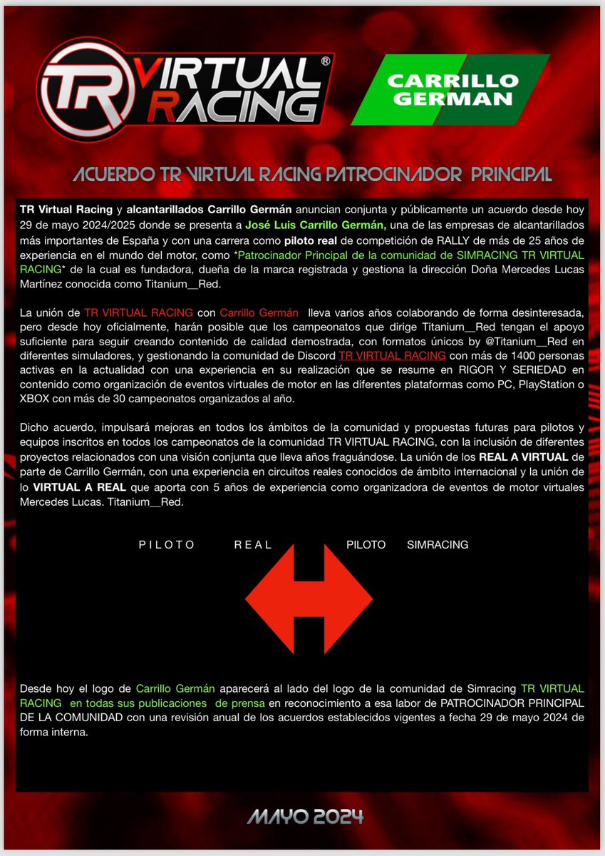 Titanium__Red / M.Lucas (@titanium__red) on Twitter photo <a href="/Titanium__Red/">Titanium__Red / M.Lucas</a> unido a <a href="/JOSELUI55999579/">JOSE LUIS CARRILLO GERMAN</a> anuncian acuerdo como *PATROCINADOR PRINCIPAL DE LA COMUNIDAD <a href="/TRVirtualRacing/">Titanium Red Virtual Racing</a> *. Compartimos con alegría que queda mucho simracing en TR con propuestas y un futuro que ilusiona uniendo lo real a lo virtual. Simulación y Motor. Gass <a href="/Titanium__Red/">Titanium__Red / M.Lucas</a> unido a <a href="/JOSELUI55999579/">JOSE LUIS CARRILLO GERMAN</a> anuncian acuerdo como *PATROCINADOR PRINCIPAL DE LA COMUNIDAD <a href="/TRVirtualRacing/">Titanium Red Virtual Racing</a> *. Compartimos con alegría que queda mucho simracing en TR con propuestas y un futuro que ilusiona uniendo lo real a lo virtual. Simulación y Motor. Gass
