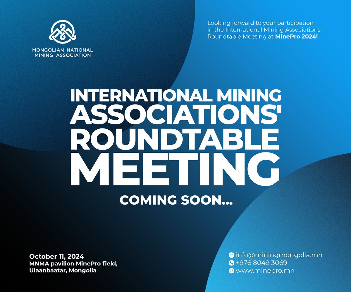 📢 Олон Улсын Уул Уурхайн Ассоциациудын Дугуй Ширээний Уулзалт

📅 Хугацаа: 2024 оны 10-р сарын 11
📍 Байршил: МУУҮА-ийн павилон, MinePro 2024, Налайх дүүрэг, Улаанбаатар

Дугуй ширээний уулзалтыг дэргэдээс нь үзэх, оролцогчидтой networking хийх бүртгэлийг удахгүй зарлах болно!