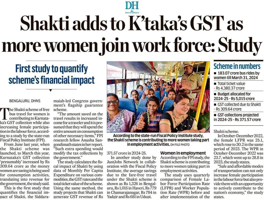 1 year of Karnataka’s Shakti, free bus travel for women: 5% point increase in women in the formal labor force Savings of Rs 680-1300 monthly for women 309.5 cr increase in GST collection due to women spending saved money Free mobility for women is good for the economy!