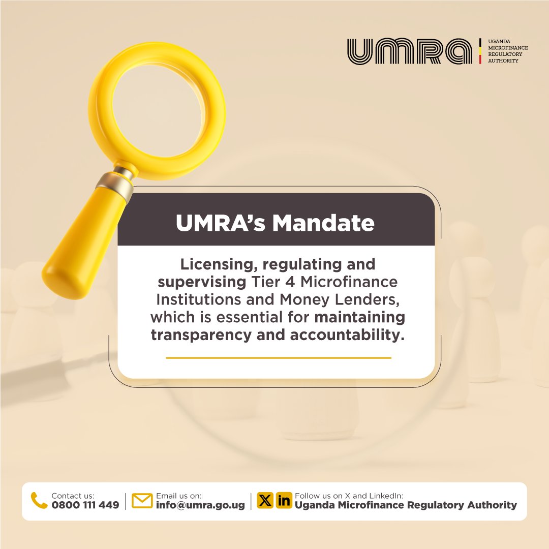 In the financial sector, UMRA's mandate to oversee Tier 4 Microfinance Institutions upholds standards of integrity and fairness, offering borrowers dealing with SACCOs, Non-Deposit Taking Microfinance Institutions, and Money Lenders peace of mind. #WeGuideYouProsper