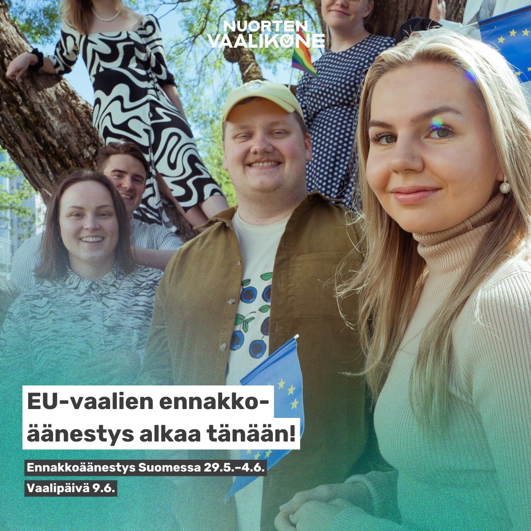 Tänään se alkaa! Nimittäin EU-vaalien #ennakkoäänestys. Ennakkoon voit äänestää 29.5.-4.6. missä tahansa äänestyspaikassa. Täytä sitä ennen #nuortenvaalikone ja löydä oma EU-vaaliehdokas! nuortenvaalikone.openvaa.org/fi @sitrafund @ep_suomi #euvaalit #nuortenvaalikone