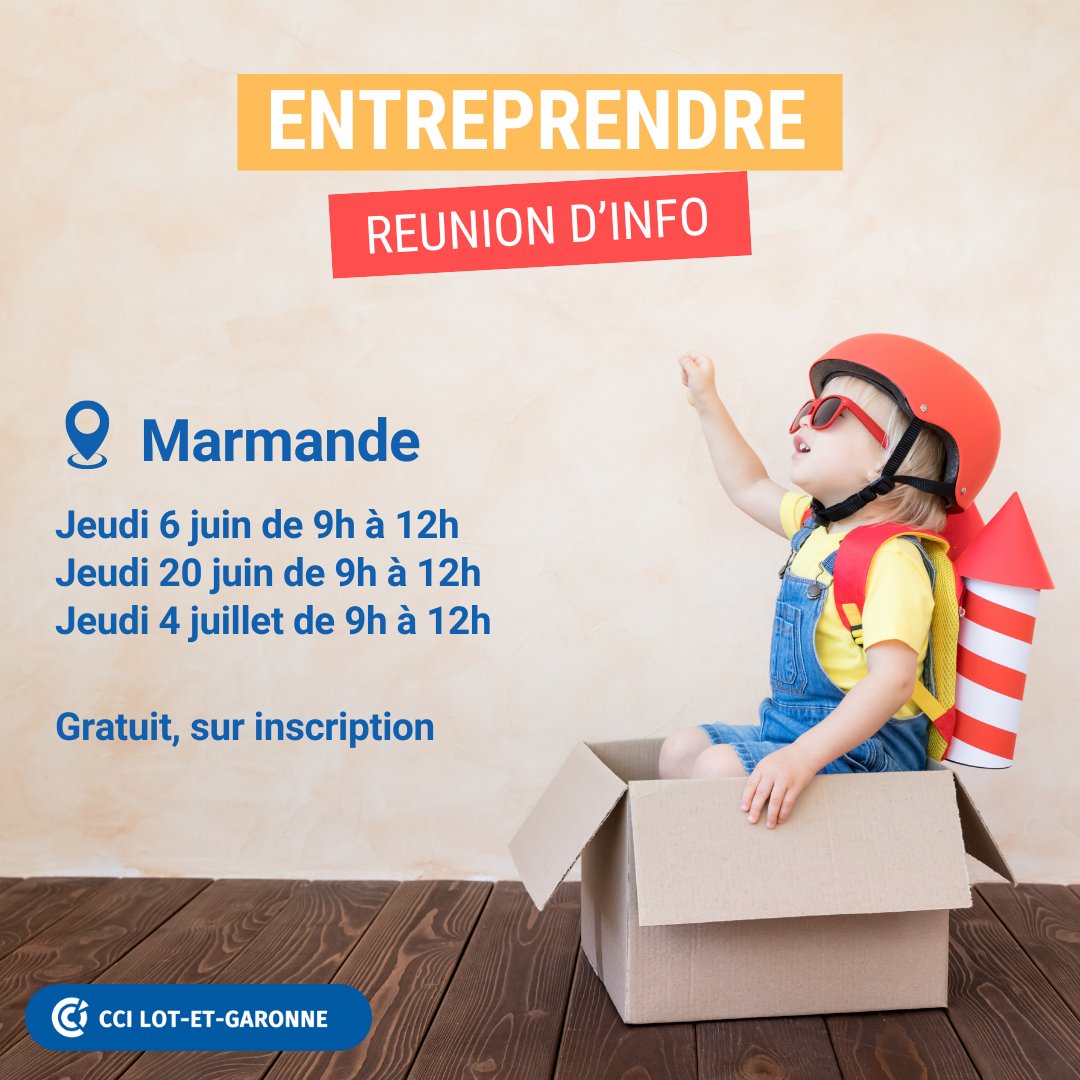 [CRÉATION/REPRISE]
🚀 Vous souhaitez créer ou reprendre une entreprise ?
En une demi-journée, vous découvrirez la méthodologie pour passer de l’idée au projet.

👉 Inscription gratuite en ligne : swll.to/ZdCCTJh ou au 05 53 77 10 00 - com@cci47.fr

#creationentreprise