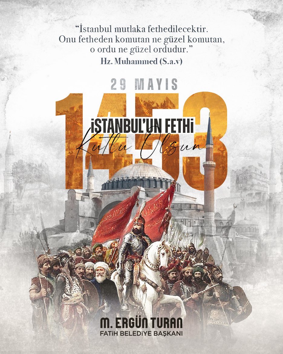 Tarihin en ihtişamlı zaferlerinden olan İstanbul’un Fethi'nin 571. yıl dönümü kutlu olsun. Medeniyetimizin beşiği olan İstanbul’u fethederek Peygamber Efendimizin mübarek övgüsünü alan ve kutlu zaferiyle yeni bir çağın kapılarını açan Fatih Sultan Mehmed Han başta olmak üzere,