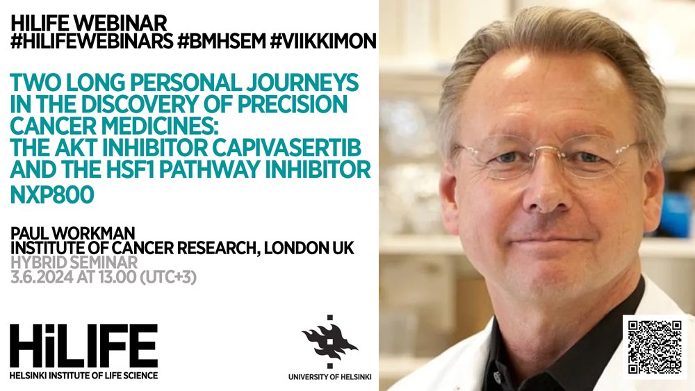 Welcome Paul Workman to give a #hilifewebinars presentation. Hybrid seminar 3.6. at 13:00 (UTC+3).
👉 Hall 1041, Biocentre 2, Viikinkaari 5
👉 helsinki.zoom.us/j/65074851967
<a href="/LifeSciHelsinki/">Life Sciences University of Helsinki</a> <a href="/HelsinkiUniMed/">Medicine and Health, University of Helsinki</a> <a href="/ICR_London/">The ICR</a> <a href="/helsinkiuni/">University of Helsinki</a>