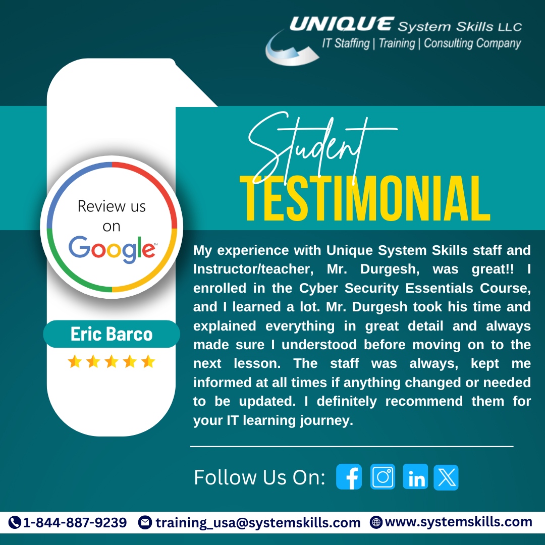 Unique Systems Skills LLC, an IT staffing, training, and consulting company, received positive feedback from a student
Call Us: +1-844-887-9239
Website: systemskills.com
#corejava #selenium #python #studenttestimonial #studentsuccess #ITTraining #ITConsulting #ITStaffing
