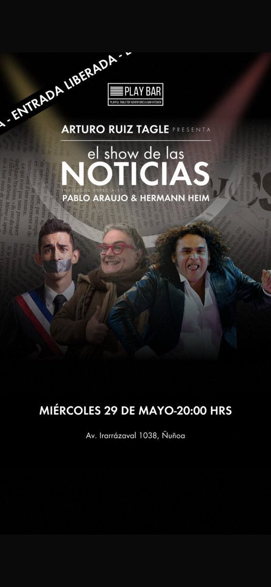 ArturoRuizTagle's tweet photo. Mañana
EL SHOW DE LAS NOTICIAS
Con PABLO ARAUJO Y HERMAN HEIM
#elshowdelasnoticias
@parquearaujo @HermanHeim
#PabloAraujo
#HermanHeim
#ArturoRuizTagle
En Ñuñoa PLAYBAR
#playbar
@FISUartistas
#standupcomedy https://t.co/ofGLLSLG0S