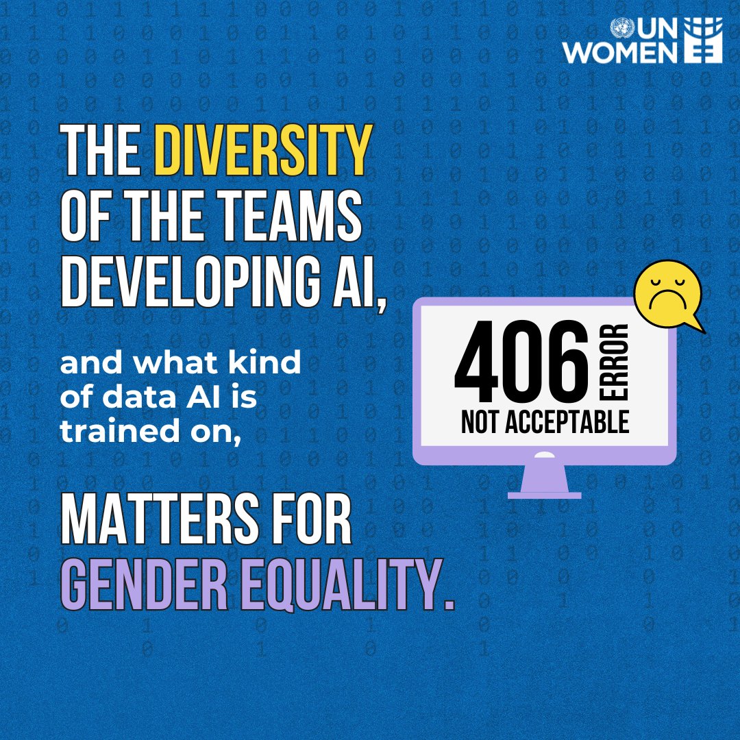 Artificial intelligence (#AI) mirrors the gender bias in society.

The gender implications of AI-powered solutions depend on:
💻 Who develops AI
🖥️ What kind of data it is trained on

Let's #InvestInWomen and girls' access and leadership in AI and STEM.

🔗unwo.men/lomq50RTHII