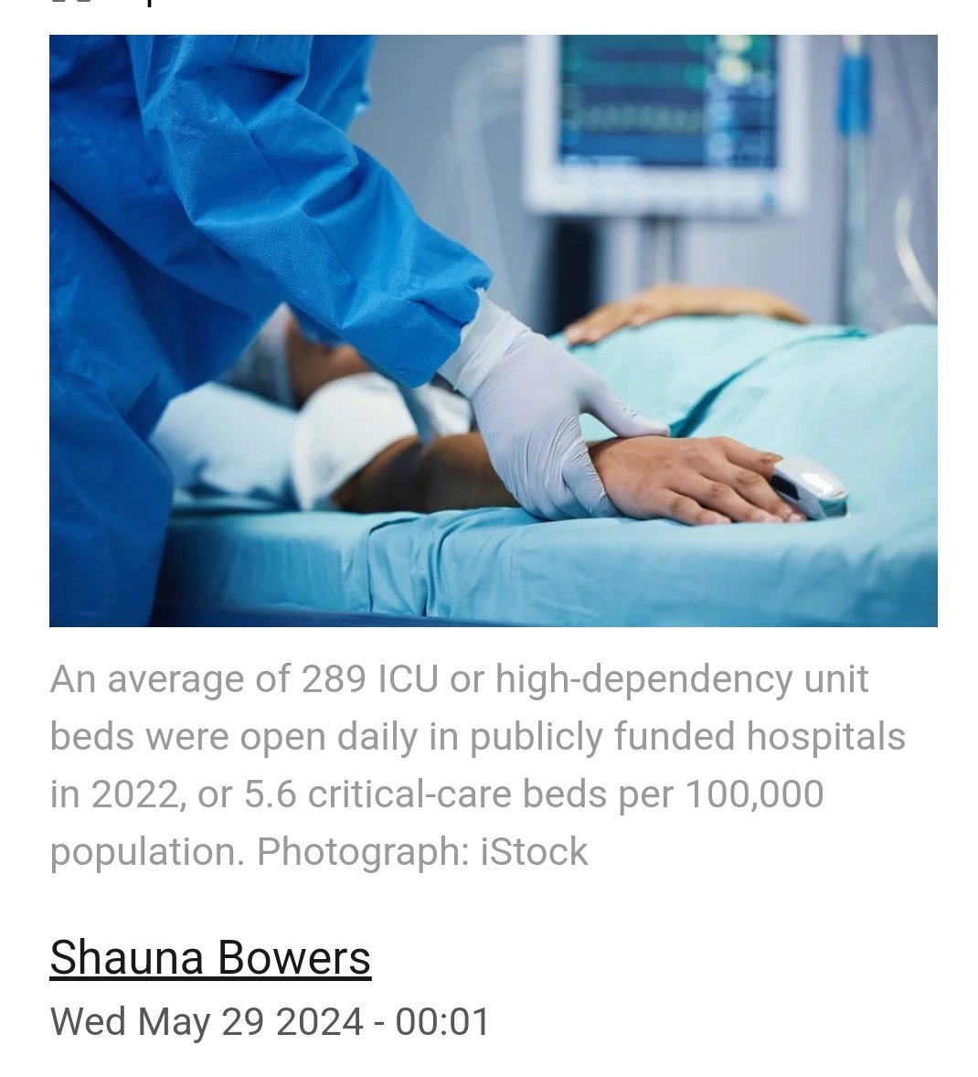 Ireland has fewer critical-care beds than European norm, report shows - Shauna Bowers An average of 289 ICU or high-dependency unit beds were open daily in publicly funded hospitals in 2022, or 5.6 critical-care beds per 100,000 population. #HealthCrisis #ICU