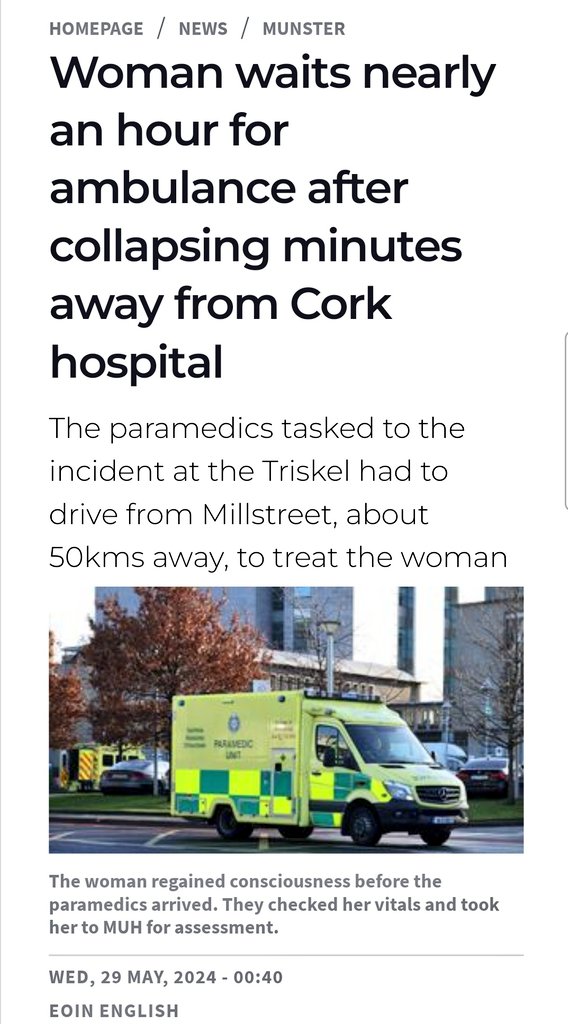 A woman in her 80s was left waiting almost 50 minutes for an ambulance after she collapsed in an arts venue in Cork City. The woman regained consciousness before the paramedics arrived. They checked her vitals and took her to MUH for assessment #HealthCrisis #Ambulance