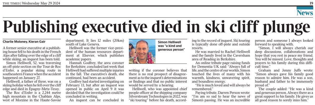 Publishing executive died in ski cliff plunge✍️ for @thetimes with @KieranGair This was an 'inquest in writing' where the coroner believes there is no real prospect of disagreement as to the inquest’s determinations or findings and no public interest would be served by a hearing