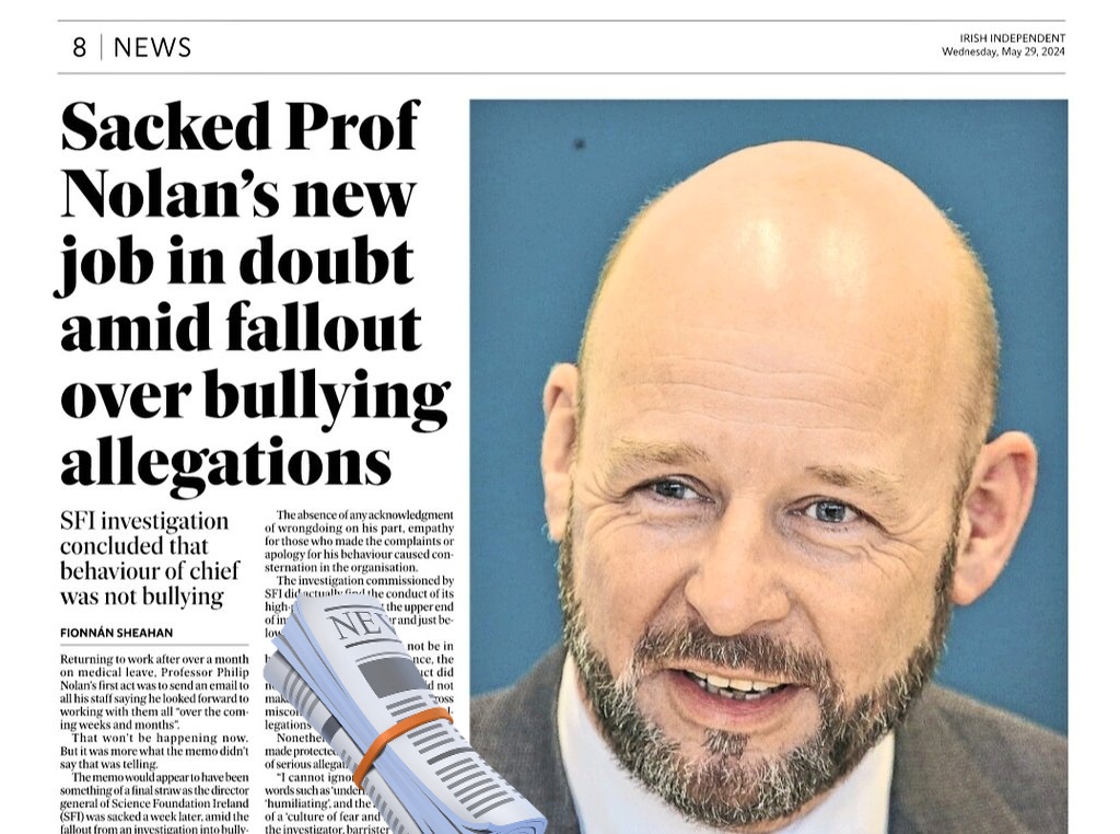 Sacked Prof Philip Nolan’s new job in doubt amid fallout over bullying allegations The new quango is a merger of SFI with another smaller research body. It’s a pet project of Taoiseach Simon Harris, who personally appointed Prof Nolan as “CEO designate”. #HowIrelandWorks