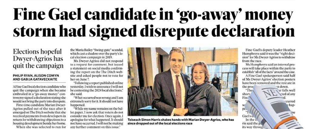 Fine Gael candidate Marian Dwyer-Agrios in ‘go-away’ money storm had signed disrepute declaration First-time candidate Marian Dwyer-Agrios pulled out of the race after it emerged on The Ditch website that she received payments from developers in return for withdrawing