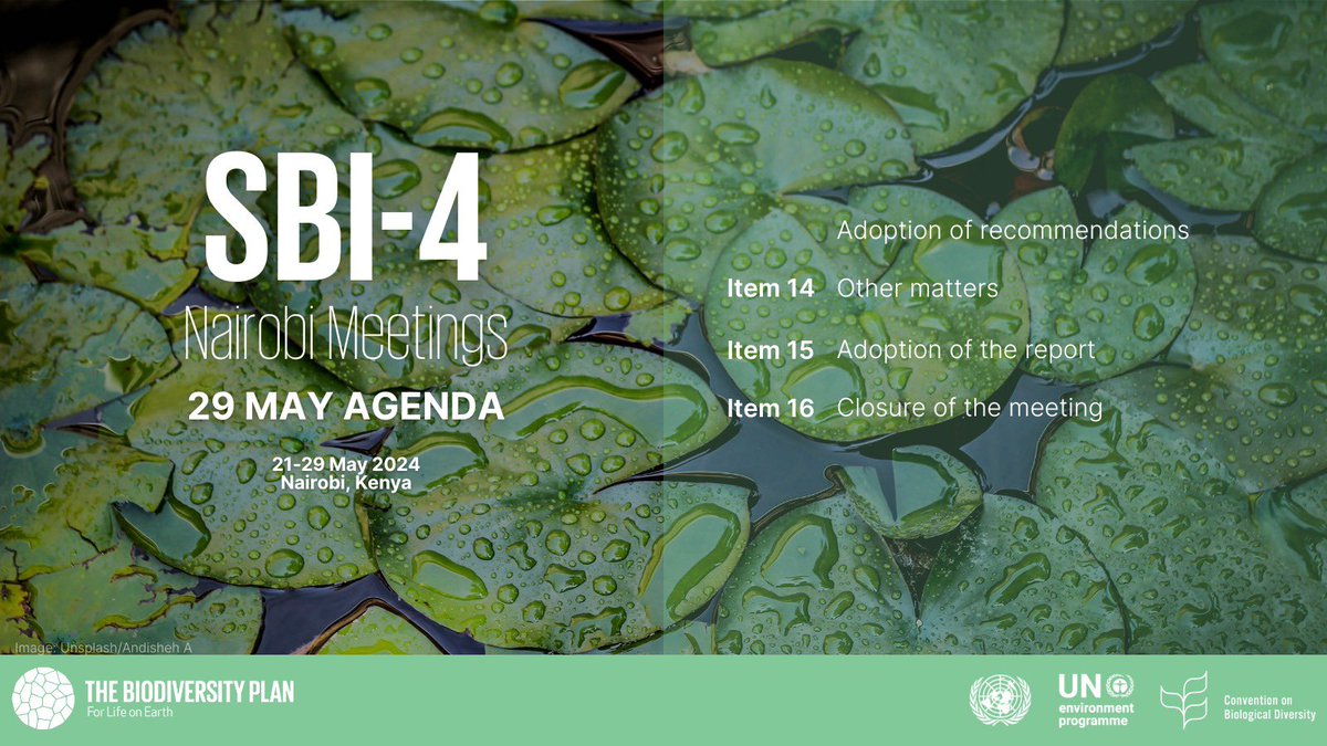 Today is the last day of the #NairobiMeetings, where the following items will be considered:

✍️Adoption of recommendations

🌱Other matters

📋Adoption of the report

🚪Closure of the meeting

🔗: cbd.int/meetings/SBI-04