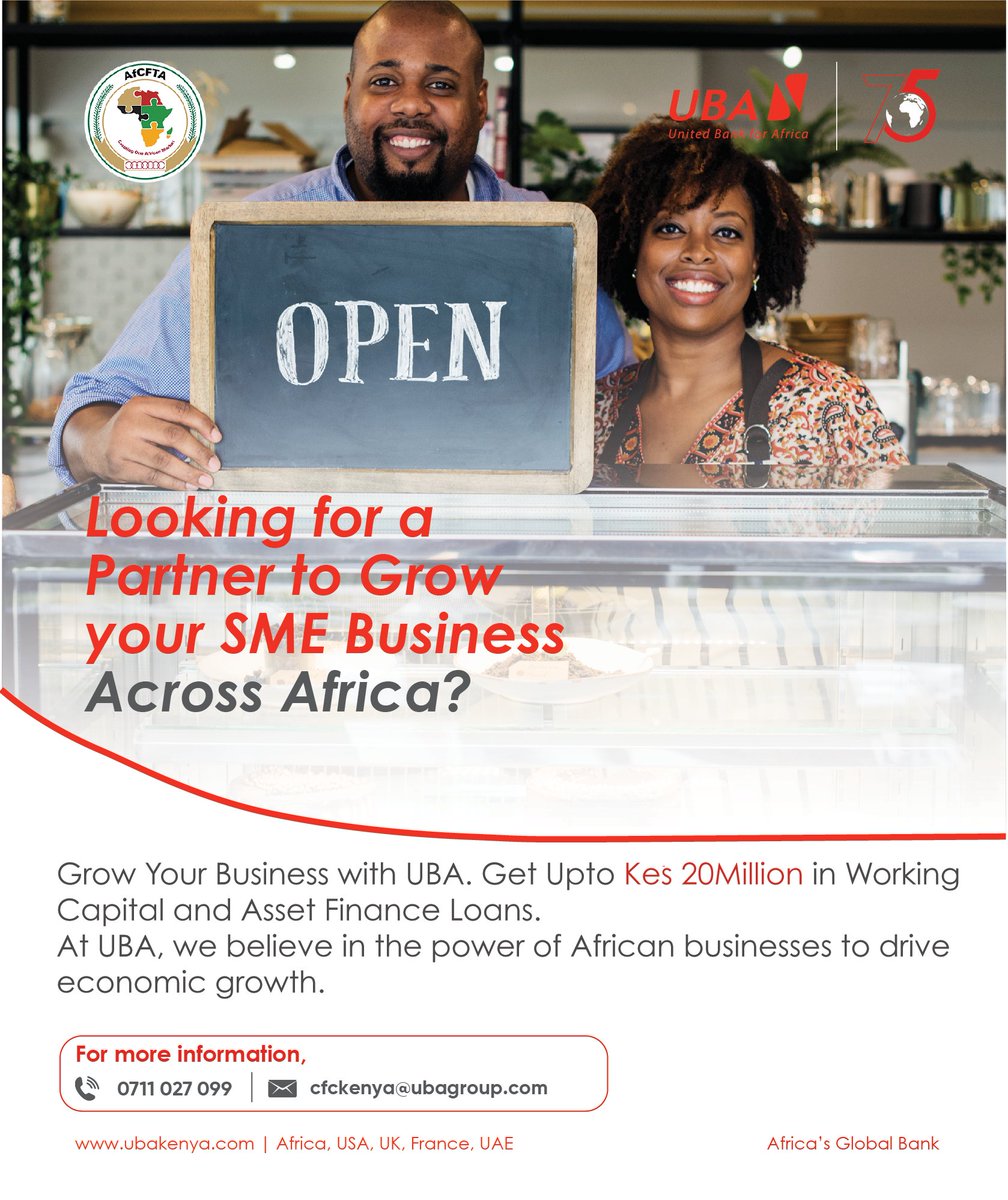 Ready to take your SME to the next level? Look no further! UBA is offering working capital loans and asset finance loans up to KES 20 million to fuel your business growth across Africa. Don't miss out on this opportunity! Join us today and let's grow together. #UBAKenya #SME