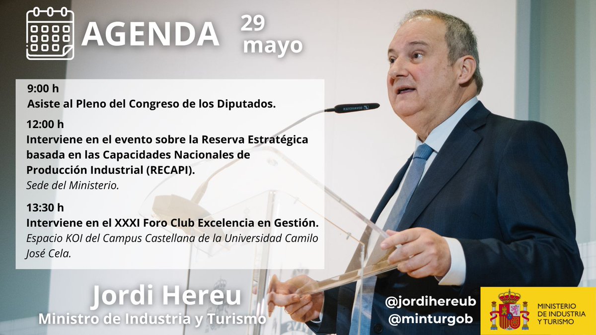 ¡Buenos días! 🗓 Agenda pública del ministro @jordihereub para el miércoles 29 de mayo de 2024.