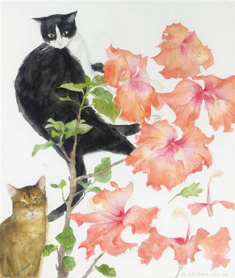 'Cats and Hibiscus' by artist Elizabeth Blackadder (1931-2021) #WomensArt