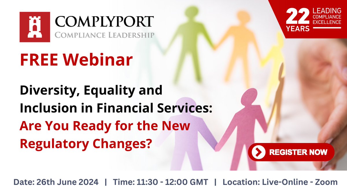 #Diversity drives innovation, ethical practices & competitiveness in #FinancialServices. Our FREE webinar explores:
🔹#FCA & #PRA's new DE&I rules
🔹Current DE&I landscape
🔹Cultivating an #InclusiveWorkplace
Join us on 26th June at 11:30 AM!

Register> us02web.zoom.us/webinar/regist…