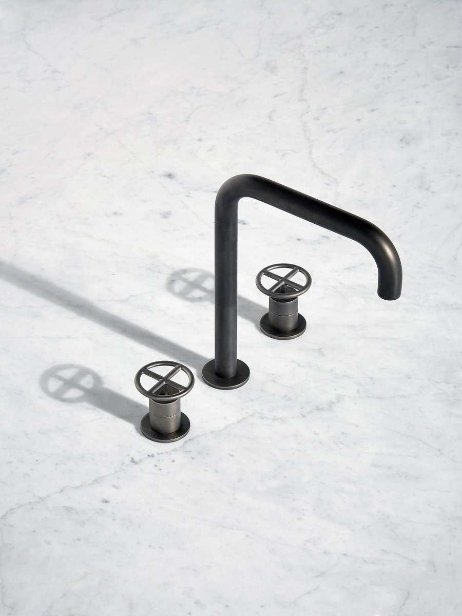 architonic's tweet photo. Industrial-style taps
Fontane Bianche Salvatori’s matt black Fantini #tapware with submarine-style control wheels also exposes its industrial design with vertical-drop pipework. https://t.co/n7M0kt83qZ