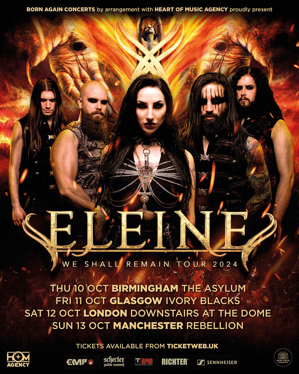 On Sale Now 🌹 Swedish metal sensation @ELEINEofficial - WE SHALL REMAIN TOUR 2024 live across the UK Oct 2024 at @TheAsylumVenue, @Ivory_Blacks, #Rebellion #Manchester and #TheDome #London.

🎟️ ba-concerts.com

🎥 youtu.be/txbLL6TRLTk
🔗 eleine.com