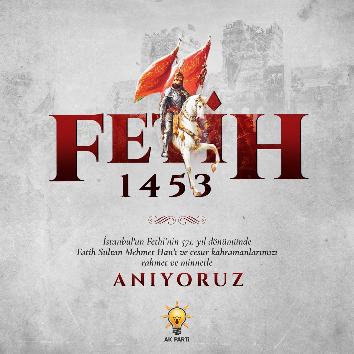 İstanbul'un Fethi’nin 571. yıl dönümünde Fatih Sultan Mehmet Han’ı ve cesur kahramanlarımızı rahmet ve minnetle anıyoruz.