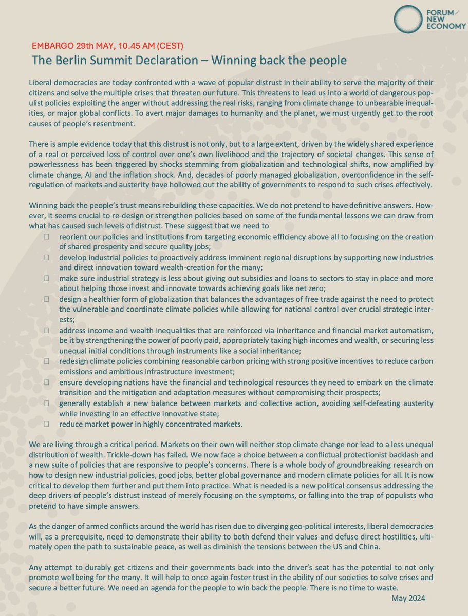 More than 50 world leading experts call for urgent action against rising popular distrust. Governments should counter the loss of confidence in democracies. How? Read more here: newforum.org/en/the-berlin-… @gabriel_zucman @jsuedekum @IsabellaMWeber @ojblanchard1 @MkBlyth @CFieschi