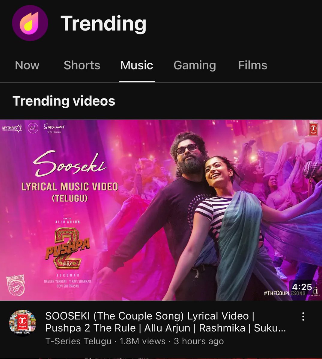 #Pushpa2SecondSingle 𝐓𝐫𝐞𝐧𝐝𝐢𝐧𝐠 𝐓𝐎𝐏 #𝟏 in no time! 😍💥❤️‍🔥 #TheCoupleSong out now 🤩 ▶️ bit.ly/Pushpa2SecondS… #Sooseki #Angaaron #Soodaana #Nodoka #Kandaalo #Aaguner 👌 #Pushpa2TheRule 🔥