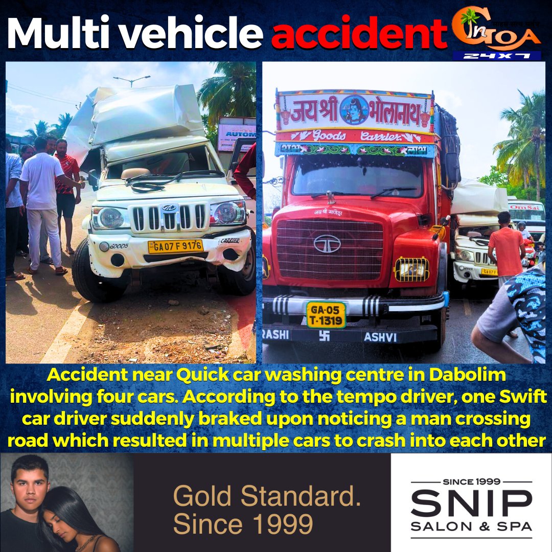 Accident near Quick car washing centre in Dabolim involving four cars. According to the tempo driver, one Swift car driver suddenly braked upon noticing a man crossing road which resulted in multiple cars to crash into each other

#Goa #GoaNews #Accident #FourCars #crash