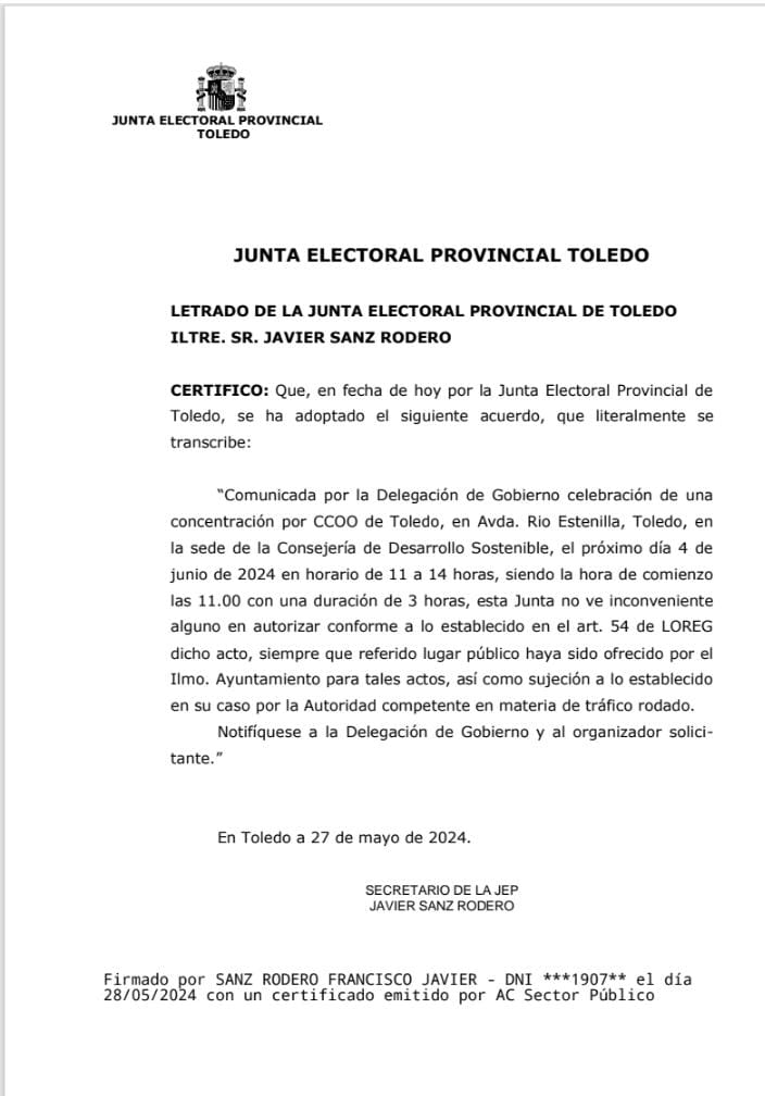 CCOO GEACAM #SalarioOConflicto (@ccoogeacam) on Twitter photo <a href="/clara07201/">clara martinez</a> <a href="/Alexpinto1917/">Alex pinto</a> <a href="/manoloayna/">Manuel Amores</a> <a href="/Villartapackov1/">Villartapackovich</a> <a href="/Izka586704/">Izka</a> <a href="/naxocrclm/">IMP Ccoo</a> <a href="/rubioRR/">J.R</a> <a href="/EduMedinaL/">Foco Secundario</a> <a href="/ecoccoo/">CCOO-Medio Ambiente</a> <a href="/GeacamU/">GEACAM_UGT</a> CCOO convocó contra los recortes ▶️Concentración el día 4️⃣ de 11:00 a 14:00 en <a href="/DSostenibleCLM/">Desarrollo Sostenible CLM</a>
▶️ Solicitó dicha concentración ante la Subdelegación del gobierno en Toledo
▶️Recibimos AUTORIZACIÓN de la JUNTA ELECTORAL PROVINCIAL DE TOLEDO para realizar dicha concentración <a href="/clara07201/">clara martinez</a> <a href="/Alexpinto1917/">Alex pinto</a> <a href="/manoloayna/">Manuel Amores</a> <a href="/Villartapackov1/">Villartapackovich</a> <a href="/Izka586704/">Izka</a> <a href="/naxocrclm/">IMP Ccoo</a> <a href="/rubioRR/">J.R</a> <a href="/EduMedinaL/">Foco Secundario</a> <a href="/ecoccoo/">CCOO-Medio Ambiente</a> <a href="/GeacamU/">GEACAM_UGT</a> CCOO convocó contra los recortes ▶️Concentración el día 4️⃣ de 11:00 a 14:00 en <a href="/DSostenibleCLM/">Desarrollo Sostenible CLM</a>
▶️ Solicitó dicha concentración ante la Subdelegación del gobierno en Toledo
▶️Recibimos AUTORIZACIÓN de la JUNTA ELECTORAL PROVINCIAL DE TOLEDO para realizar dicha concentración