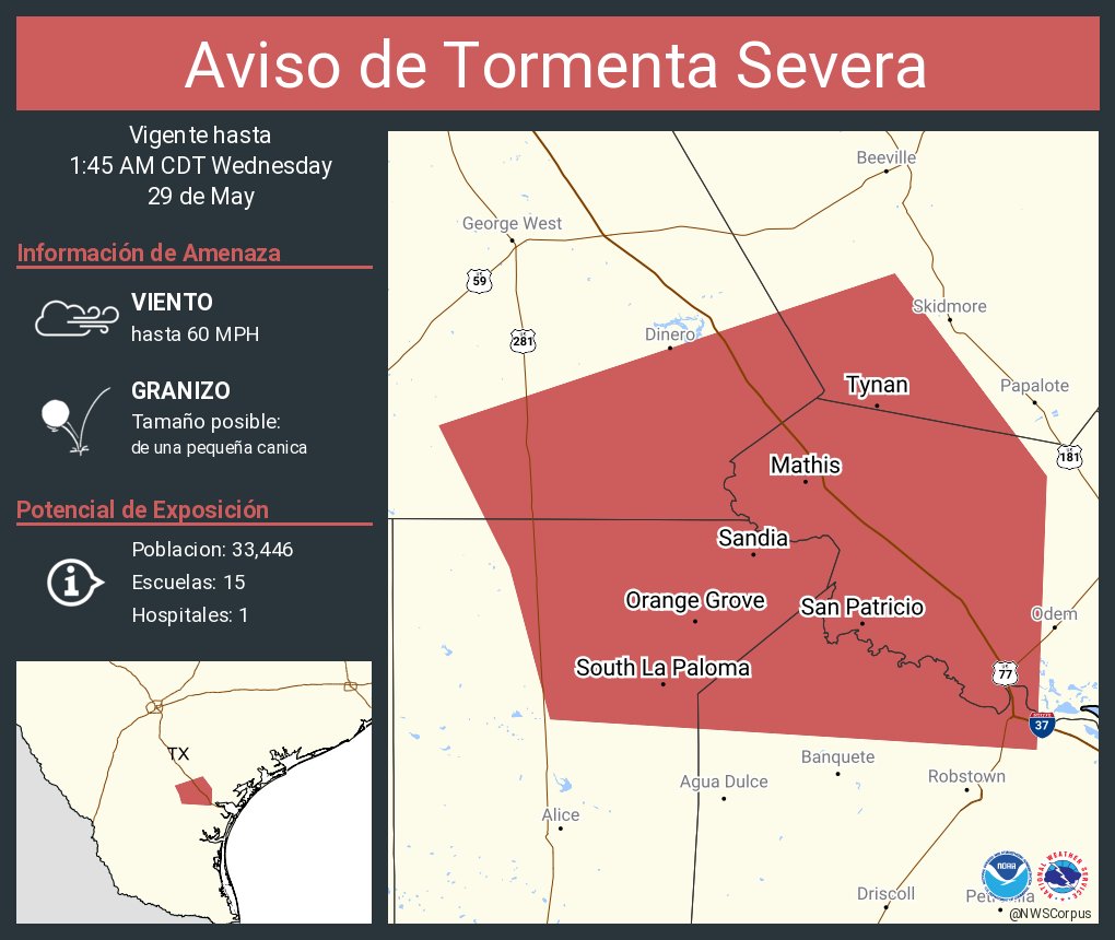 Aviso de Tormenta Severa continúa Mathis TX, Orange Grove TX, Lake City TX hasta la 1:45 AM CDT