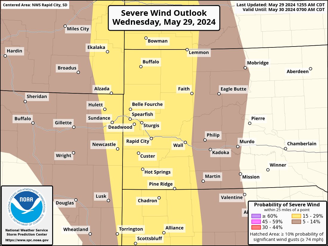 This Evening: @kotatweets Territory remains under a level 2/5 risk of severe weather as of the midnight update this Wednesday morning; damaging winds/hail remain primary threat. Stay tuned to KOTA & @BlackHillsFOX as well as our mobile weather apps for updates! #SDwx