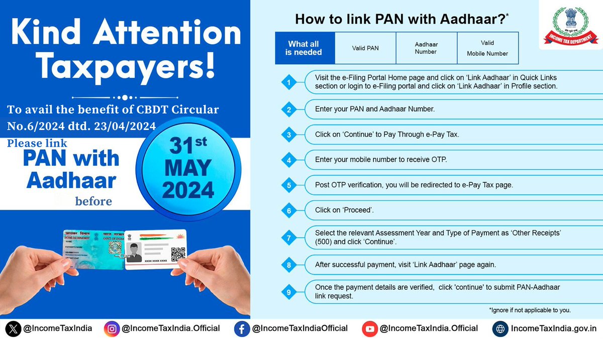 Kind Attention Taxpayers! To avail the benefits of CBDT Circular No.6/2024 dtd 23rd April, 2024, do remember to link your PAN with Aadhaar before May 31st, 2024. Here are the steps to be followed to link your PAN with Aadhaar 👇🏼
