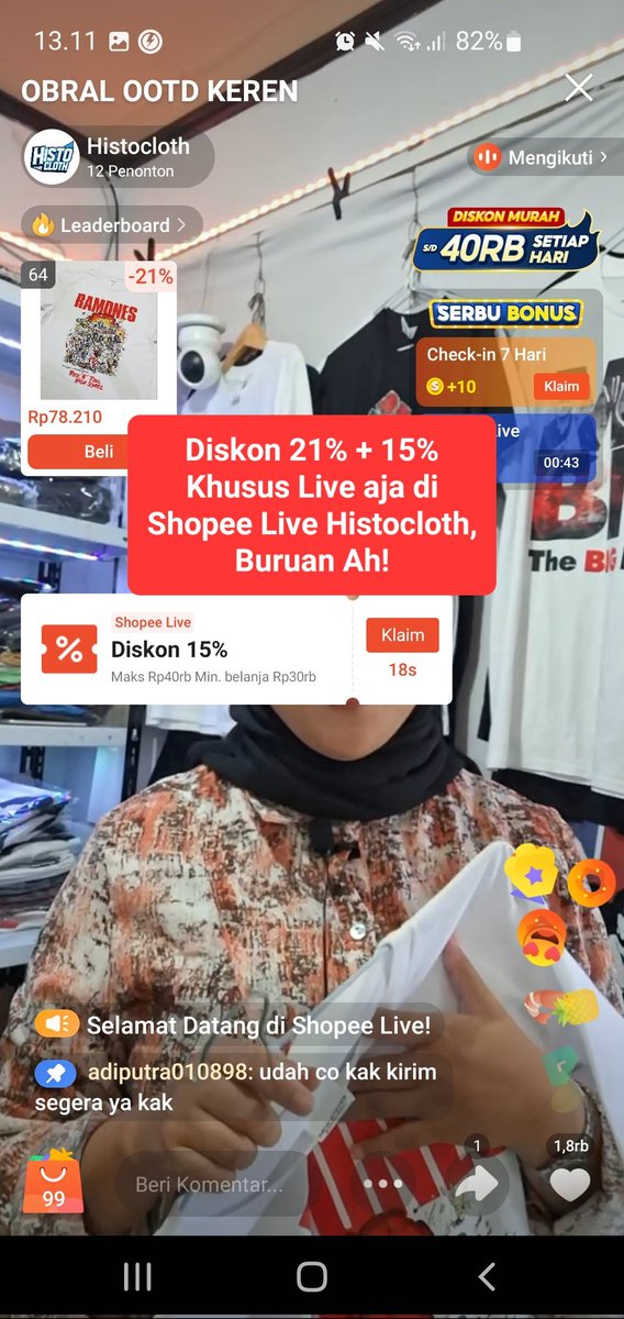 HistoCloth's tweet photo. Buruan yuk!, Ada Diskon semua Kaos 21% + 15% Khusus Shopee Live Histocloth https://t.co/uecGUrLFsR https://t.co/LwlR3oYFYH