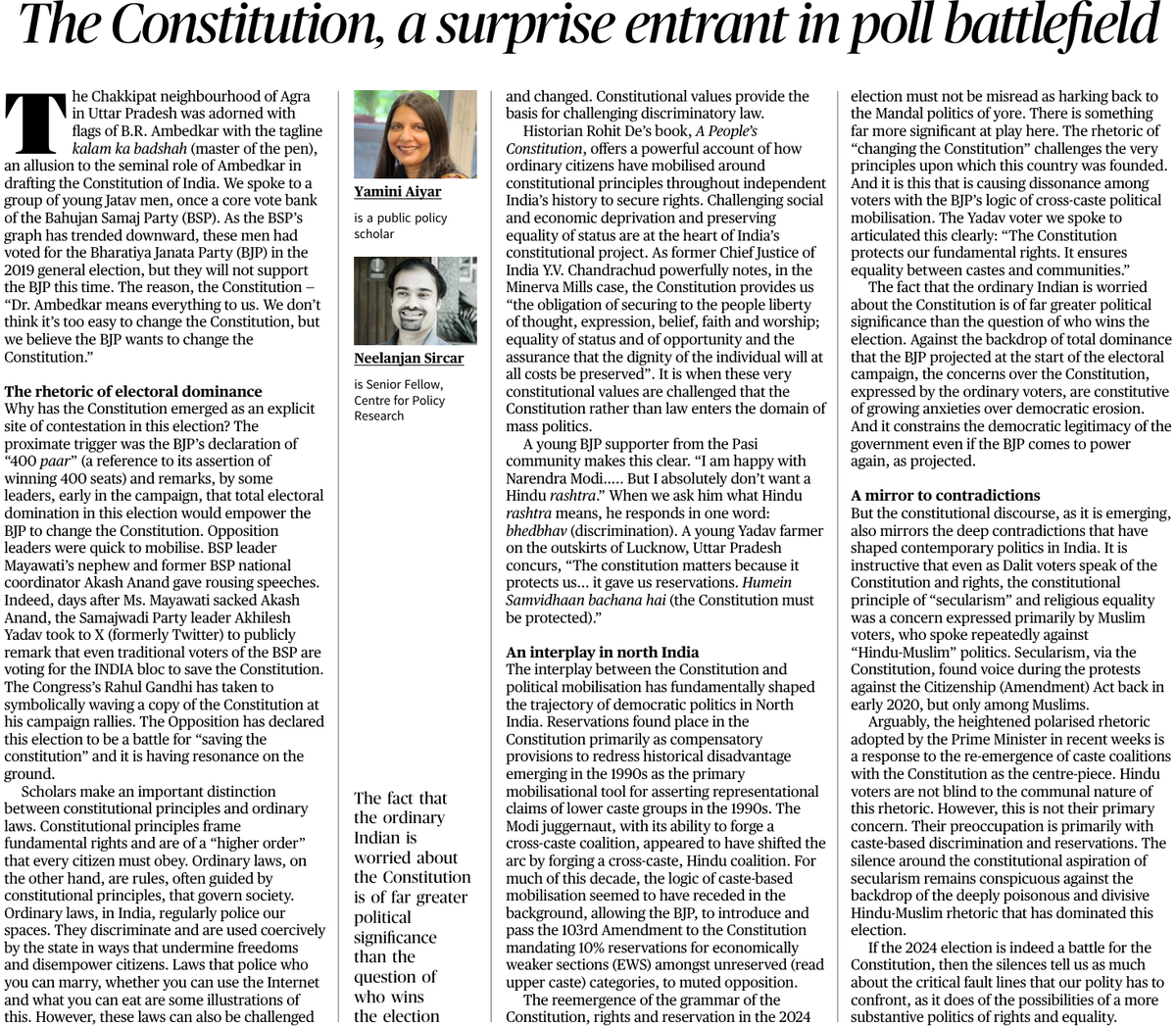 In North India, the Constitution has again entered mass politics. It's no longer about who wins or loses, something bigger is at stake. And the voters we spoke to in UP understood this well. My piece w @AiyarYamini in @TheHinduComment