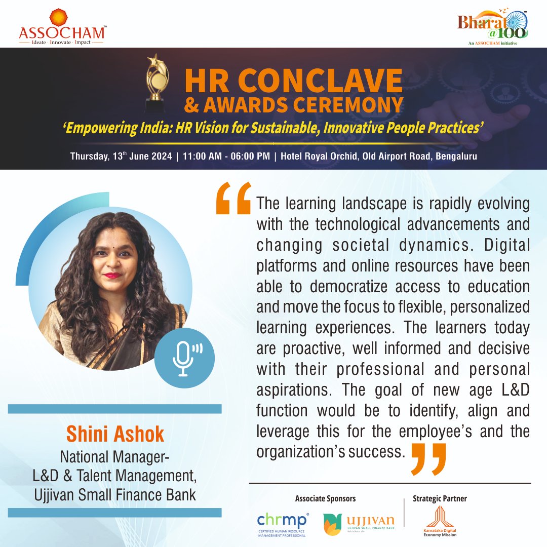 Join the upcoming #ASSOCHAM #HRConclaveAndAwards Ceremony! Tap into registration now: 🔗forms.office.com/r/NAdNFhSURD This event aims to deliver a productive discussion on “Empowering India: HR Vision for Sustainable, Innovative People Practices”. Ms. Shini Ashok, National Manager,