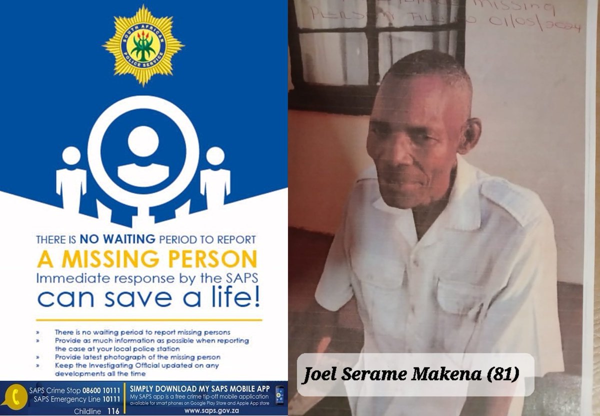 RT #sapsMP #SAPS Mmametlhake seeks public assistance in reuniting a #missing man, Joel Serame Makena (81) from Pankop Greenside Section in Mmametlhake, with his family. Last seen on 18/05 when he reportedly left home to visit the headman however,he never arrived. Info->D/Capt