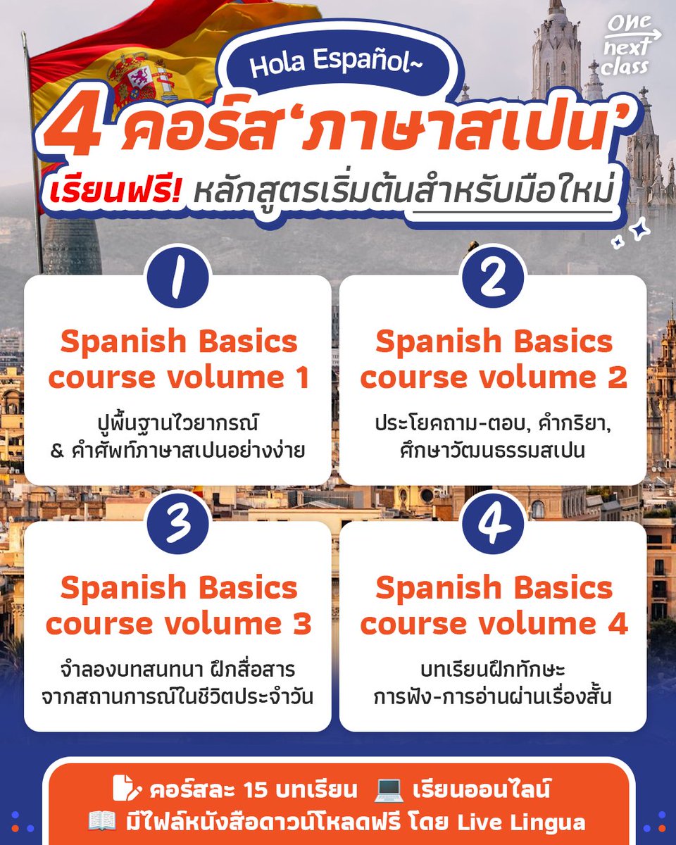 tornokandcourse's tweet image. 🇪🇸 𝐇𝐨𝐥𝐚 𝐄𝐬𝐩𝐚𝐧̃𝐨𝐥~💃 มีพิกัดคอร์สเรียน #ภาษาสเปน มาแนะนำกันอีกแล้ว! รอบนี้มีทั้งหมด 4 คอร์สเรียนพื้นฐานจาก Live Lingua เรียนฟรีและมีไฟล์เอกสารประกอบการเรียนให้ดาวน์โหลดฟรีด้วย! 

🔴 พิกัดแต่ละคอร์สเรียนรวมไว้ที่นี่เลย &amp;gt;&amp;gt; dek-d.com/activity/64577/

#คอร์สดีบอกต่อ