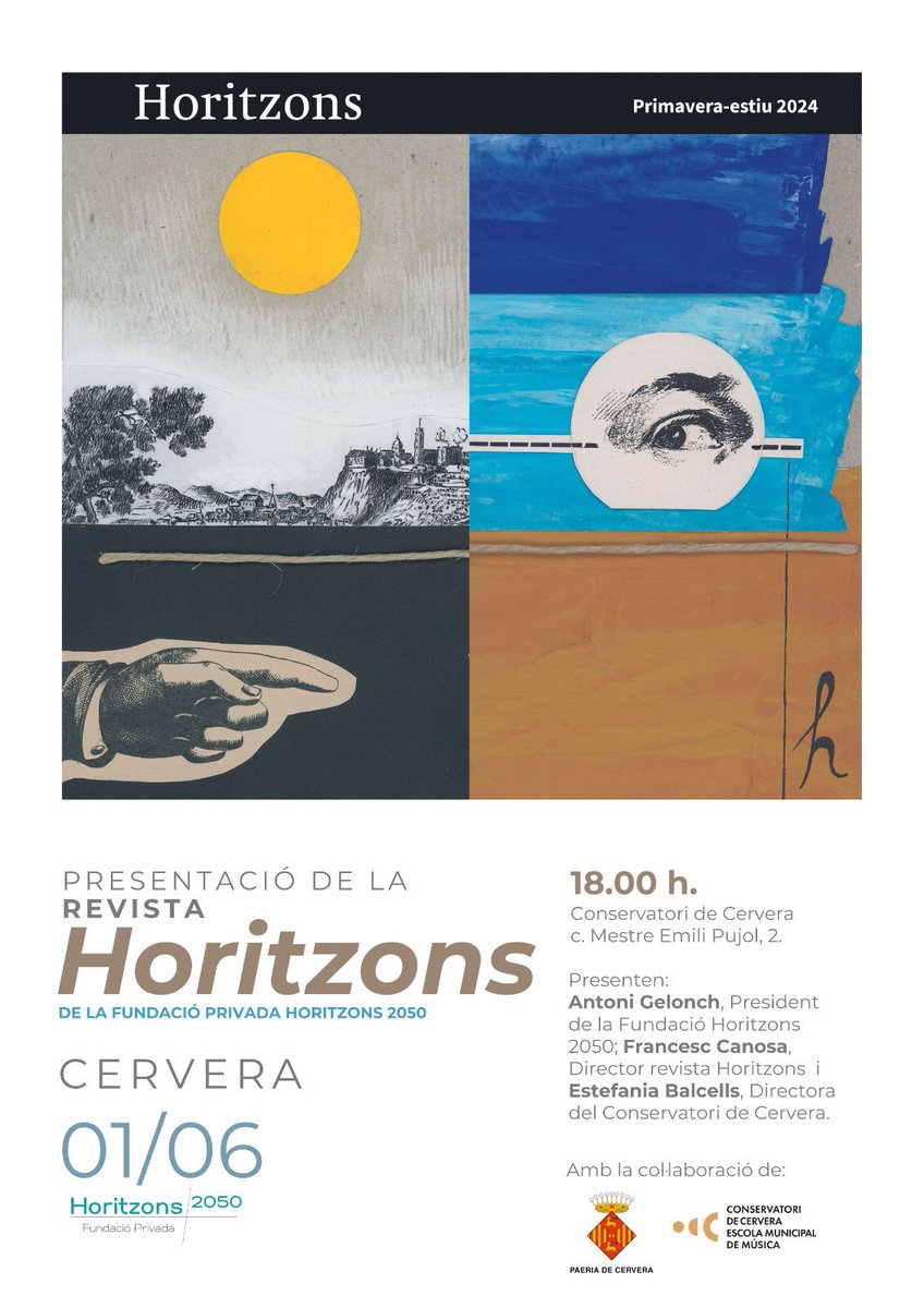 DISSABTE, 1r DE JUNY, A LES 6 DE LA TARDA, PRESENTACIÓ D’”HORITZONS” A CERVERA! Al @Conserv_Cervera hi serem Estefania Balcells Trepat, directora, @francesccanosa i @Antoni_Gelonch! Col·labora @paeriacervera. TOTS ELS HORITZONS COMENCEN A CERVERA! @Horitzons2050