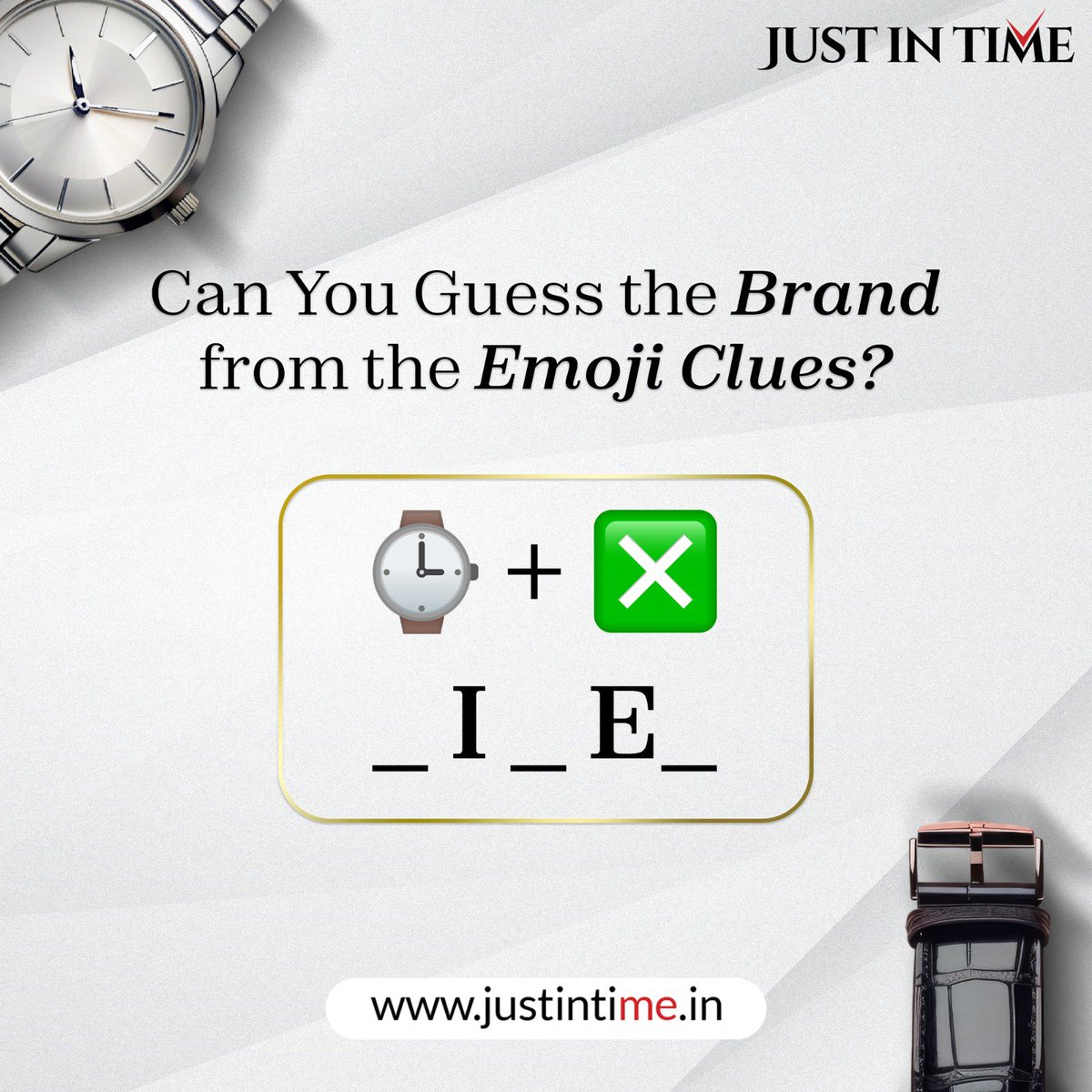 Time to test your watch brand knowledge! Can you guess the brand based on these emojis? Leave your answers in the comments below! 
.
.
.
.

#JustInTime #JustInTimeWatches #FunTime #FunActivity #QuizTime #Brand #GuessTheBrand #CommentBelow #Fun #Watches