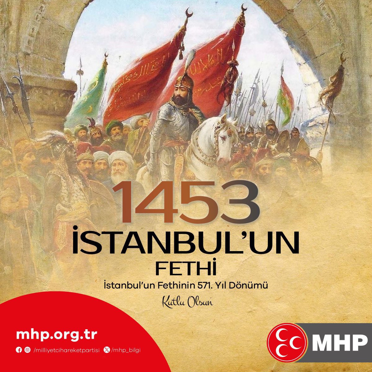 Tarihin beşiğini sallayan, 571 yıldır da Türk milletinin namus timsali olan İstanbul’umuzla övünüyor, bu kentimizde yaşayan vatandaşlarımızı hürmetle selamlıyorum.   İstanbul’u bir Türk toprağı haline getirerek, tarihe mührünü vurmuş olan büyük Hünkarımız Fatih Sultan Mehmet
