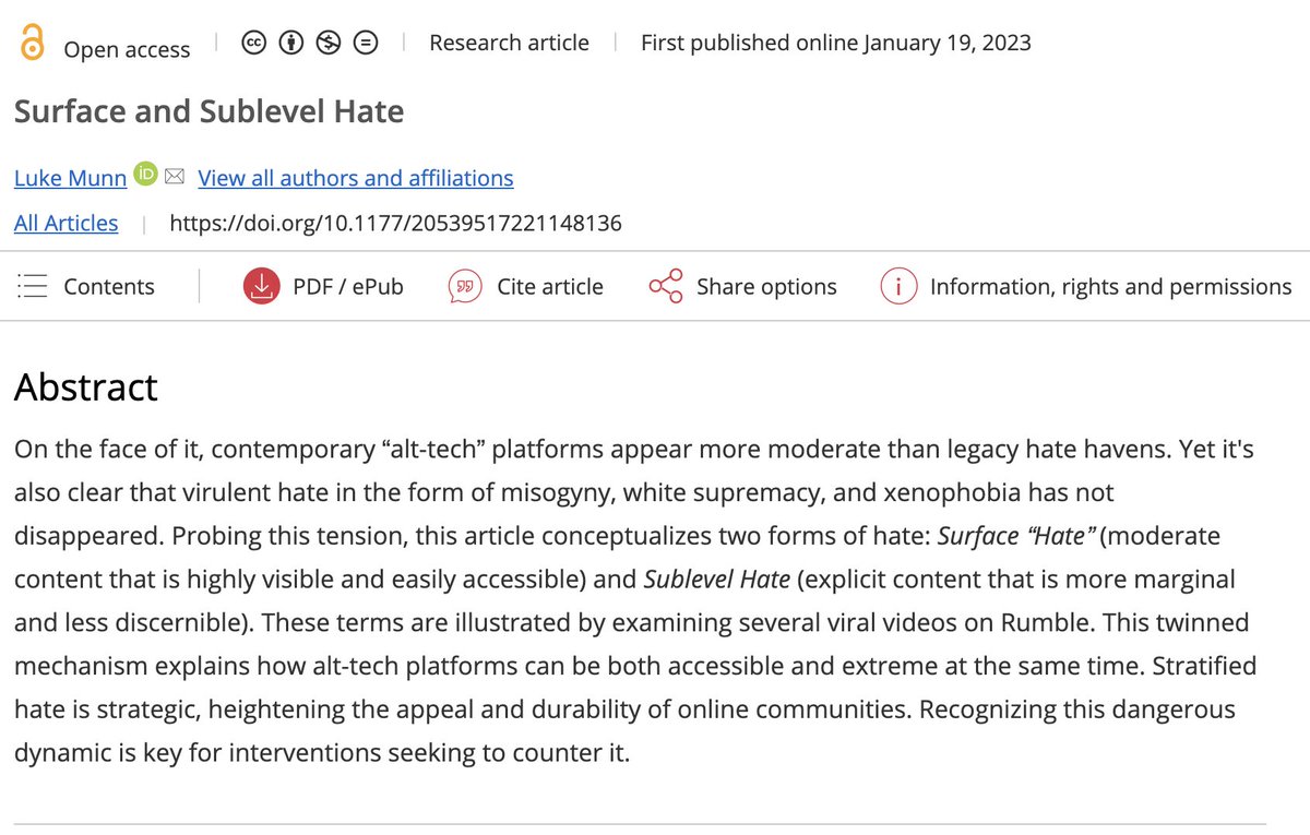 Revisit this article by Luke Munn (@lukemunn) which explores how 'hate is stratified into layers of different intensity, moving from moderate, public-facing material to deeper and more virulent vitriol'. For more: buff.ly/3XQmAwk #platforms #alttech #radicalright