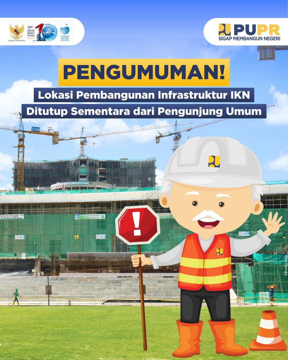 #SahabatPUPR yang berencana berkunjung ke lokasi pembangunan infrastruktur Ibu Kota Negara (IKN) Nusantara, mohon bersabar ya, karena lokasi ditutup sementara dari kunjungan umum sampai pemberitahuan selanjutnya. 

#SigapMembangunNegeri
#IKNKita #NusantaraKita